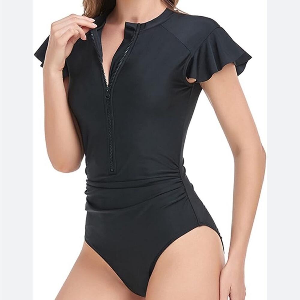 New Amazon Flutter Sleeve Rashgaurd Swimsuit Size XL Black